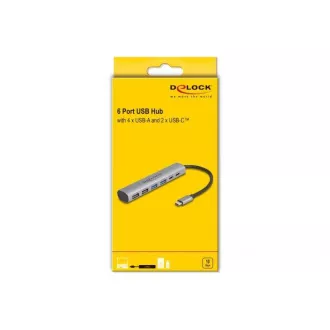 Delock 6 vratno vozlišče USB s 4 x vtičnicami USB tipa A in 2 x vtičnicami USB tipa C™