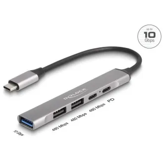 Delock 4-portno USB Type-C™ tanko vozlišče z 1 x USB 10 Gbps Type-A   2 x USB 2.0 Type-A   1 x USB 2.0 USB Type-C™ in PD 9