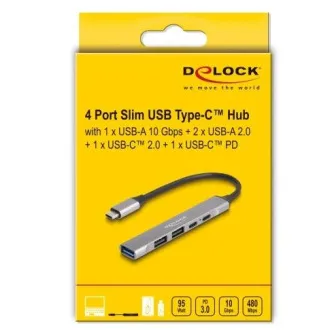Delock 4-portno USB Type-C™ tanko vozlišče z 1 x USB 10 Gbps Type-A   2 x USB 2.0 Type-A   1 x USB 2.0 USB Type-C™ in PD 9