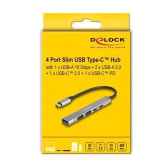 Delock 4-portno USB Type-C™ tanko vozlišče z 1 x USB 10 Gbps Type-A   2 x USB 2.0 Type-A   1 x USB 2.0 USB Type-C™ in PD 9