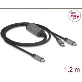 Delock USB-C™ kabel v obliki črke Y, 1 x vtič na 2 x PD 3.0 vtiča, 100 W inteligentna distribucija energije, 1,2 m