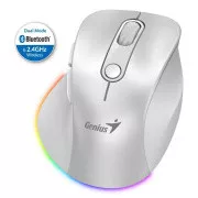 Genius Ergo 9000S Pro Mouse, brezžična, optična, 2400DPI, 6 gumbov, BT, 2,4 GHz, polnjenje USB-C, tiha, 7-barvna osvetlitev, bela