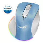 Genius Ergo 9000S Pro Mouse, brezžična, optična, 2400DPI, 6 gumbov, BT, 2,4 GHz, polnjenje USB-C, tiha, 7-barvna osvetlitev, modra in bela