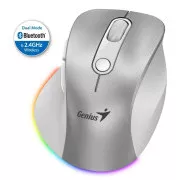 Genius Ergo 9000S Pro Mouse, brezžična, optična, 2400DPI, 6 gumbov, BT, 2,4 GHz, polnjenje USB-C, tiha, 7-barvna osvetlitev, srebrna