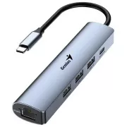 Genius UH-545 Razdelilnik USB, zunanji, USB-C na 3× USB 3.0, 1× USB-C, RJ-45 Gigabit Ethernet, 15 cm, siva