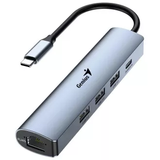 Genius UH-545 Razdelilnik USB, zunanji, USB-C na 3× USB 3.0, 1× USB-C, RJ-45 Gigabit Ethernet, 15 cm, siva