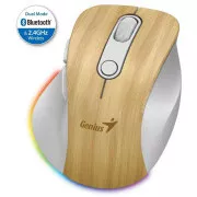 Genius Ergo 9000S Pro Mouse, brezžična, optična, 2400DPI, 6 gumbov, Bluetooth, 2,4 GHz, polnjenje USB-C, tiha, 7bar.backing, borovina