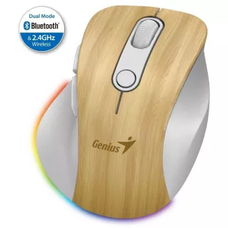Genius Ergo 9000S Pro Mouse, brezžična, optična, 2400DPI, 6 gumbov, Bluetooth, 2,4 GHz, polnjenje USB-C, tiha, 7bar.backing, borovina