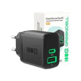 Green Cell PowerSource Duo30 polnilnik USB/USB-C, črn napajalnik, 30 W Power Delivery