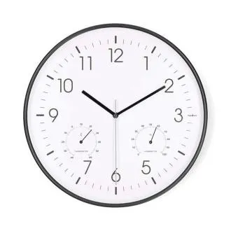 Nedis CLWA4226BK – Stenske ure | Premer: 300 mm | Plastika | Tiho delovanje | Termometer | Higrometer | Bela / Črna