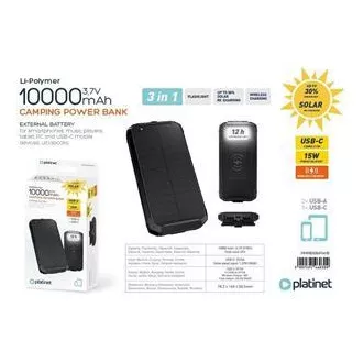 PLATINET POWERBANK 10000 mAh SOLAR PANEL WIRELESS CHARGER 15W 2x USB-A, 1x USB-C
