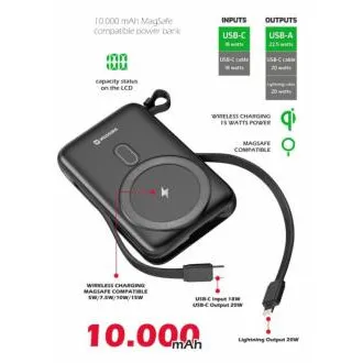 SWISSTEN POWER BANK 10000 mAh PD 20 W Z VGRADENIMA KABLOMA USB-C IN LIGHTNING (združljiv z MagSafe) SWISSTEN POWER BANK 10000 mAh PD 20 W Z VGRADENIMA KABLOMA USB-C IN LIGHTNING (združljiv z MagSafe)
