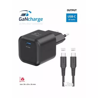 SWISSTEN NETWORK ADAPTER GaN 1x USB-C 20W MOČNA DOBAVA Črna   PODATKOVNI KABEL USB-C/USB-C 1,2 M Črna