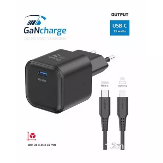 SWISSTEN NETWORK ADAPTER GaN 1x USB-C 35W MOČNA DOBAVA Črna   PODATKOVNI KABEL USB-C/LIGHTNING 1,2 M Črna