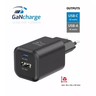 SWISSTEN NETWORK ADAPTER GaN 1x USB-C 45W PD   1x USB-A 18W QC BLACK