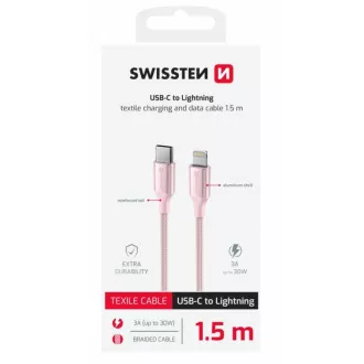 SWISSTEN PODATKOVNI KABEL TEXTILE II USB-C / LIGHTNING 1,5 M ROZA