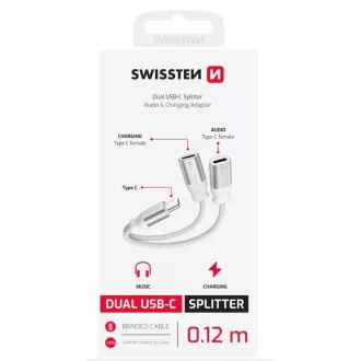 SWISSTEN NABIJALNI AUDIO ADAPTER TEKSTILNI USB-C (moški) / 2x USB-C (ženski) 0,12 M BELI