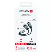 SWISSTEN NABIJALNI AUDIO ADAPTER TEKSTILNI USB-C (moški) / 2x USB-C (ženski) 0,12 M ČERNA