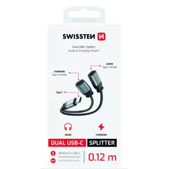 SWISSTEN NABIJALNI AUDIO ADAPTER TEKSTILNI USB-C (moški) / 2x USB-C (ženski) 0,12 M ČERNA