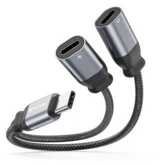 SWISSTEN NABIJALNI AUDIO ADAPTER TEKSTILNI USB-C (moški) / 2x USB-C (ženski) 0,12 M ČERNA
