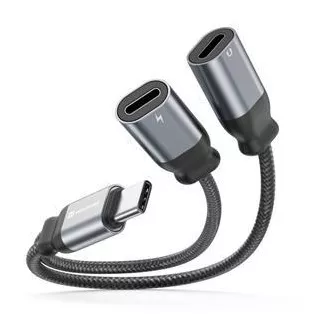 SWISSTEN NABIJALNI AUDIO ADAPTER TEKSTILNI USB-C (moški) / 2x USB-C (ženski) 0,12 M ČERNA