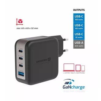 SWISSTEN NETWORK ADAPTER GaN 3x USB-C 100W PD   1x USB-A 18W QC BLACK