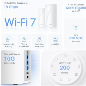 TP-Link WiFi usmerjevalnik Deco BE85(2-pack) BE19000, WiFi 7, 1x 10GLAN, 2x 2,5GLAN, 1x 10GLAN/SFP , USB, 2,4/5/6GHz