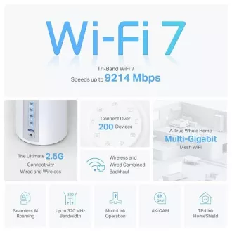 TP-Link Deco BE65(1-pack) BE9300 Tri-band Mesh WiFi 7 sistem za celoten dom, 4x 2,5GLAN, USB, 2,4/5/6GHz, HomeShi