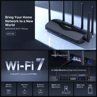 MERCUSYS MR47BE - BE9300 Tri-band Wi-Fi 7 Router, 2,5G WAN, 3x 2,5G LAN, EasyMesh