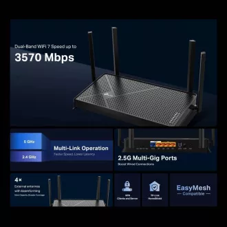 TP-Link Archer BE230 - BE3600 Wi-Fi 7 usmerjevalnik, 1x2,5G WAN, 1x2,5G LAN, 3xGLAN, USB 3.0, HomeShield, EasyMesh
