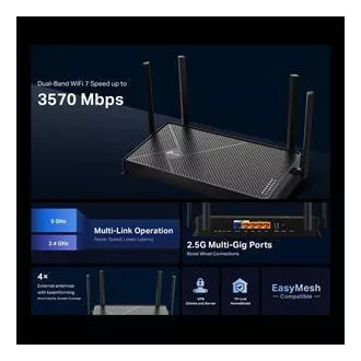 TP-Link Archer BE230 - BE3600 Wi-Fi 7 usmerjevalnik, 1x2,5G WAN, 1x2,5G LAN, 3xGLAN, USB 3.0, HomeShield, EasyMesh