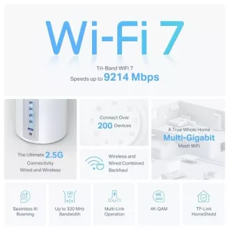 TP-Link Deco BE65(3-pack) BE9300 Tri-band Mesh WiFi 7 sistem za celoten dom, 4x 2,5GLAN, USB, 2,4/5/6GHz, HomeShi