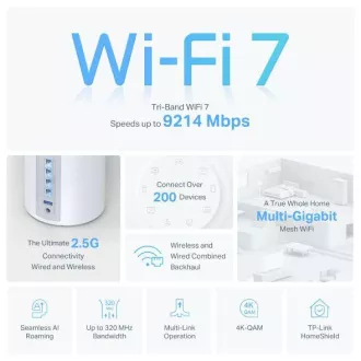 TP-Link Deco BE65(3-pack) BE9300 Tri-band Mesh WiFi 7 sistem za celoten dom, 4x 2,5GLAN, USB, 2,4/5/6GHz, HomeShi