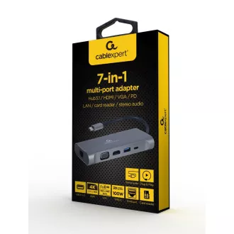 Gembird USB-C 7v1 večportni USB 3.0 HDMI VGA PD bralnik kartic stereo zvok Gembird USB-C 7v1 večportni USB 3.0 HDMI VGA PD bralnik kartic stereo zvok