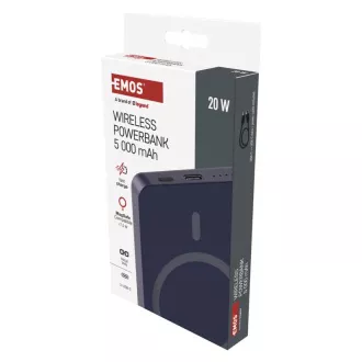 EMOS POWERBANK WI 522, brezžično polnjenje 20 W, 5.000 mAh, MODRA, 1xUSB-C