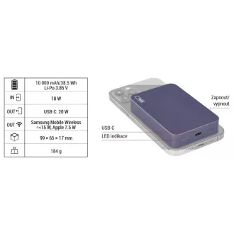 EMOS POWERBANK WI 1046, brezžično polnjenje 20 W, 10.000 mAh, MODRA, 1xUSB-C