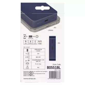 EMOS POWERBANK WI 1046, brezžično polnjenje 20 W, 10.000 mAh, MODRA, 1xUSB-C