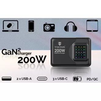 Viking USB GaN polnilec 200W PD PRO/omrežni adapter/izhod: 3xUSB-C,2xUSB-A/hitro polnjenje/