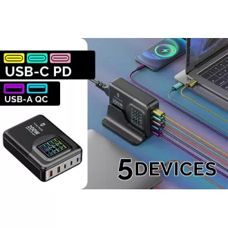 Viking USB GaN polnilec 200W PD PRO/omrežni adapter/izhod: 3xUSB-C,2xUSB-A/hitro polnjenje/