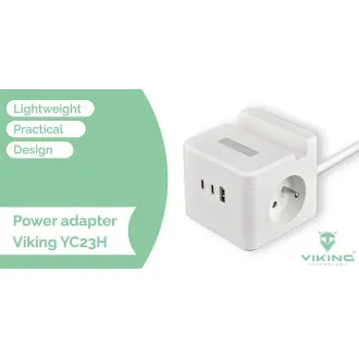 Napajalnik VIKING YC23H, bel/izhod:2xAC,1xUSB-A,2xUSB-C/Mobilno držalo/LED lučka/1,4 m kabla Napajalnik VIKING YC23H, bel/izhod:2xAC,1xUSB-A,2xUSB-C/Mobilno držalo/LED lučka/1,4 m kabla