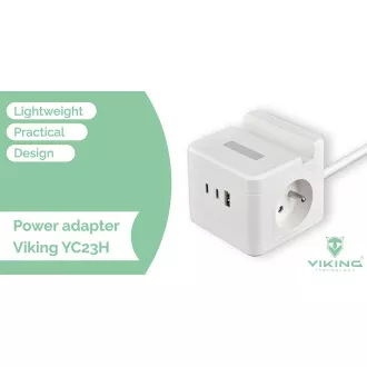 Napajalnik VIKING YC23H, črn/izhod:2xAC,1xUSB-A,2xUSB-C/Mobilno držalo/LED lučka/1,4 m kabla
