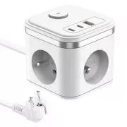 Napajalnik VIKING YC33, bel/izhod: 3xAC, 1xUSB-A,2xUSB-C/ gumb za vklop/izklop/1,4 m kabla