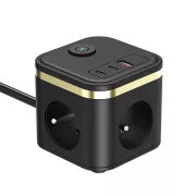 Napajalnik VIKING YC33, črn/izhod:3xAC, 1xUSB-A,2xUSB-C/Gumb za vklop/izklop/1,4 m kabla