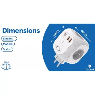 Napajalnik Viking AC43/izhod: 4xAC, 2xUSB-A, 1xUSB-C/moč do 3500 W/ gumb za vklop/izklop