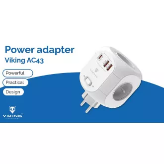 Napajalnik Viking AC43/izhod: 4xAC, 2xUSB-A, 1xUSB-C/moč do 3500 W/ gumb za vklop/izklop