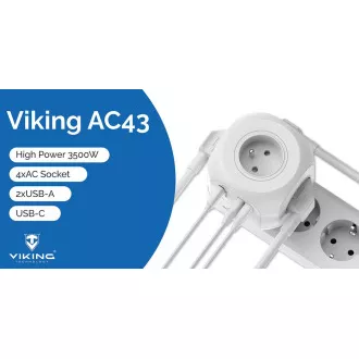 Napajalnik Viking AC43/izhod: 4xAC, 2xUSB-A, 1xUSB-C/moč do 3500 W/ gumb za vklop/izklop