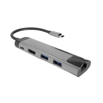 Natec večportni adapter FOWLER GO HUB 5v1, 2X USB 3.0 HUB, HDMI 4K, USB-C PD, RJ45