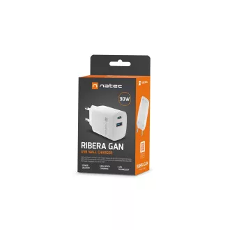Univerzalni polnilec USB Natec RIBERA GaN 30W, 1X USB-A, 1X USB-C, bel