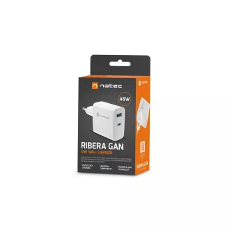 Univerzalni polnilec USB Natec RIBERA GaN 45W, 1X USB-A, 1X USB-C, bel