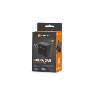 Univerzalni polnilec USB Natec RIBERA GaN 45W, 1X USB-A, 1X USB-C, črn